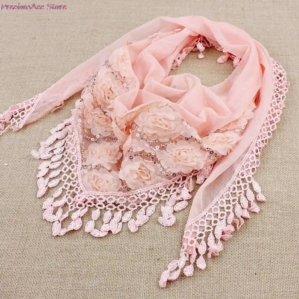 Orange Women Tassel Shawls And Scarves Silk Flower Lace Triangle Pendant